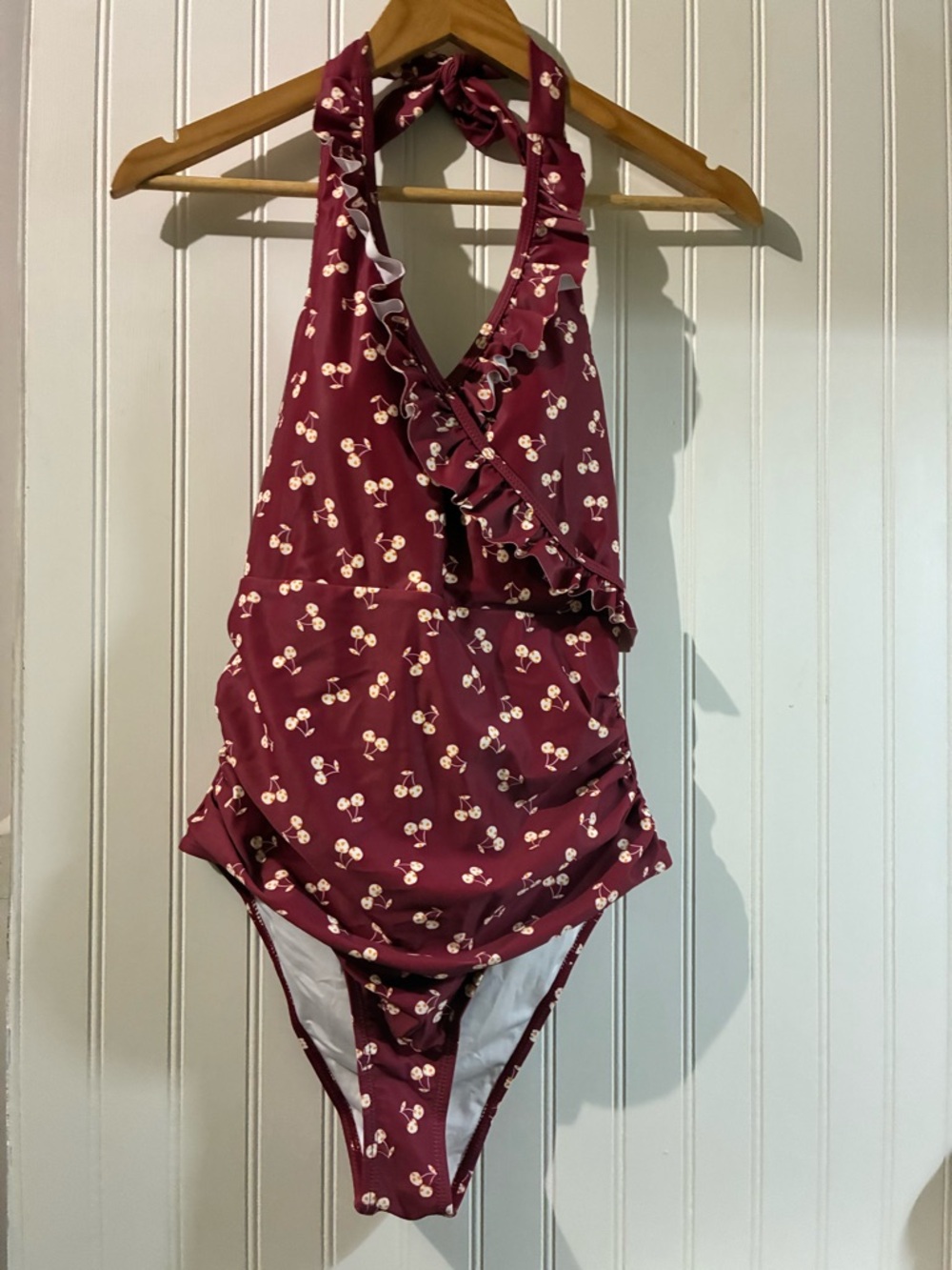 Girls Halter One-Piece Swimsuit with Cherry Print - Burgundy